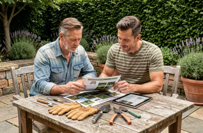 Couple planifiant l'achat de leur équipement de jardinage sur une terrasse en pierre entourée de plantes