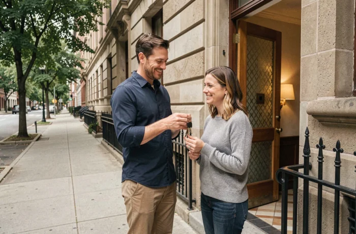Couple tenant des clés devant un immeuble résidentiel avant d'emménager dans leur location