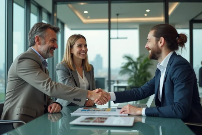 Couple signant un accord avec un conseiller financier pour créer une SCI familiale dans une agence immobilière moderne