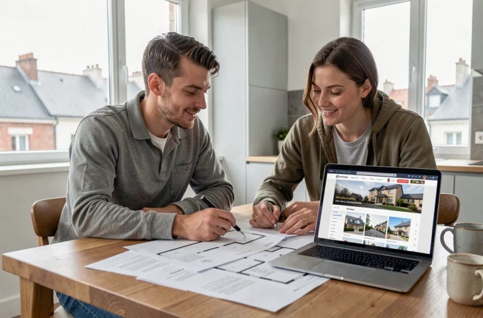 Couple consultant des documents immobiliers sur une table en bois dans un appartement rénové