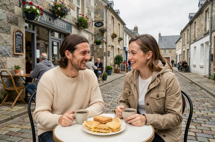 Couple dégustant des pâtisseries bretonnes en terrasse d'un café dans une rue pavée d'un village breton pittoresque