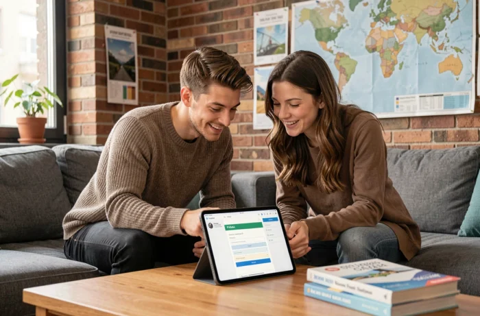 Couple préparant ensemble une demande de visa électronique sur tablette dans un appartement moderne