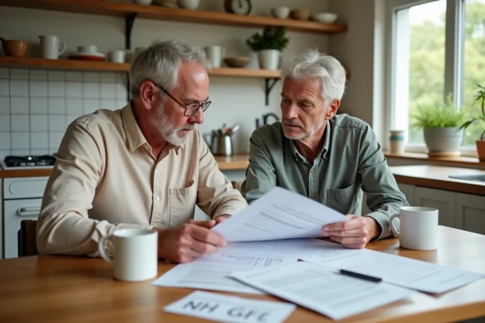 Couple examinant des documents d'estimation immobilière autour d'une table de cuisine en bois