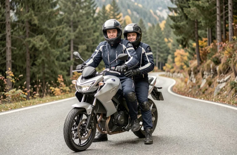 Couple de jeunes adultes en tenue de moto sur une 125cc deux places garée sur une route de montagne en France