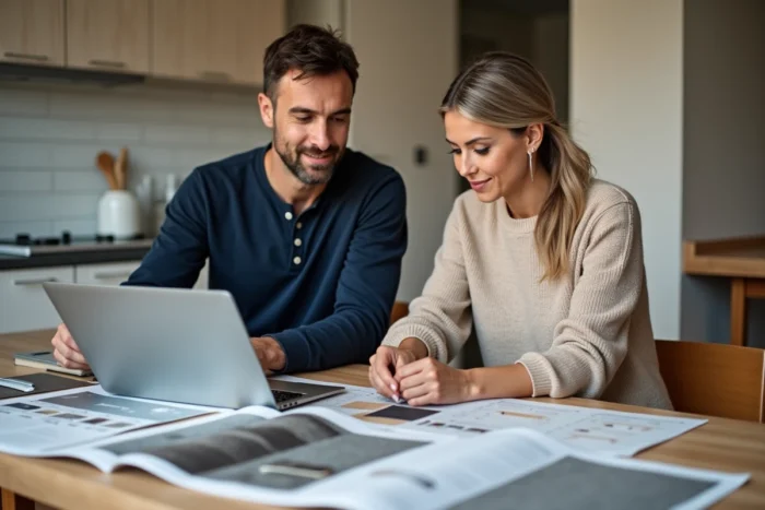 Couple planifiant leur projet de cuisine à domicile avec catalogues et configurateur en ligne