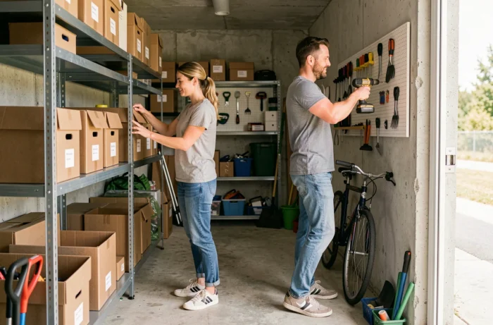 Couple rangeant et organisant un garage avec des étagères et un panneau à outils, astuces rangement et aménagement maison