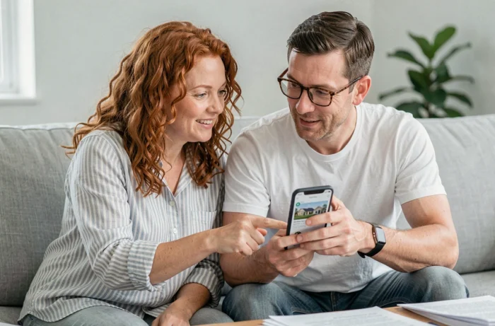 Couple cherchant des annonces immobilières sur smartphone dans un salon moderne
