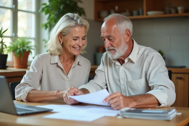 Couple de retraités planifiant sereinement leur départ à la retraite autour de documents administratifs dans une cuisine moderne