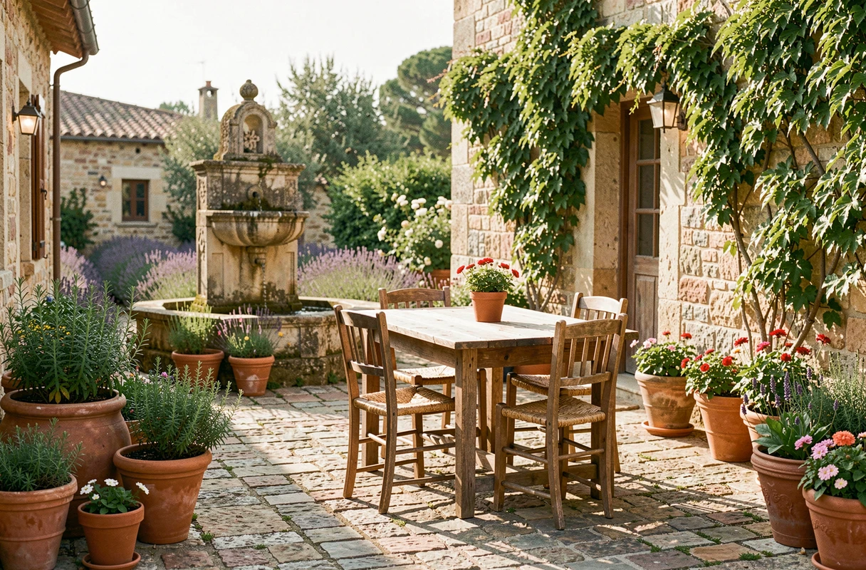 Cour intérieure d'un mas provençal avec fontaine en pierre et terrasse en galets, décor typique du sud de la France