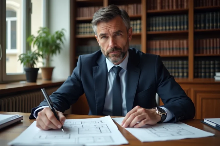 Homme d'affaires consultant des documents immobiliers pour la création d'une SCI dans un bureau de notaire moderne