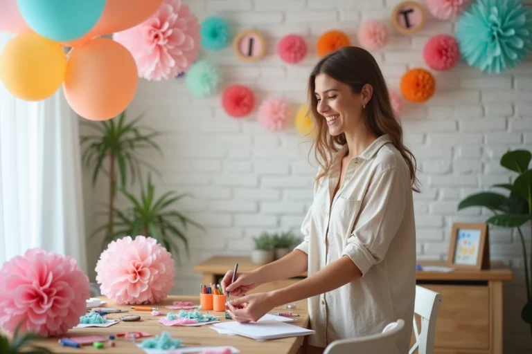 Mère décorant une salle à manger avec des guirlandes colorées et des ballons pour l'anniversaire de son enfant
