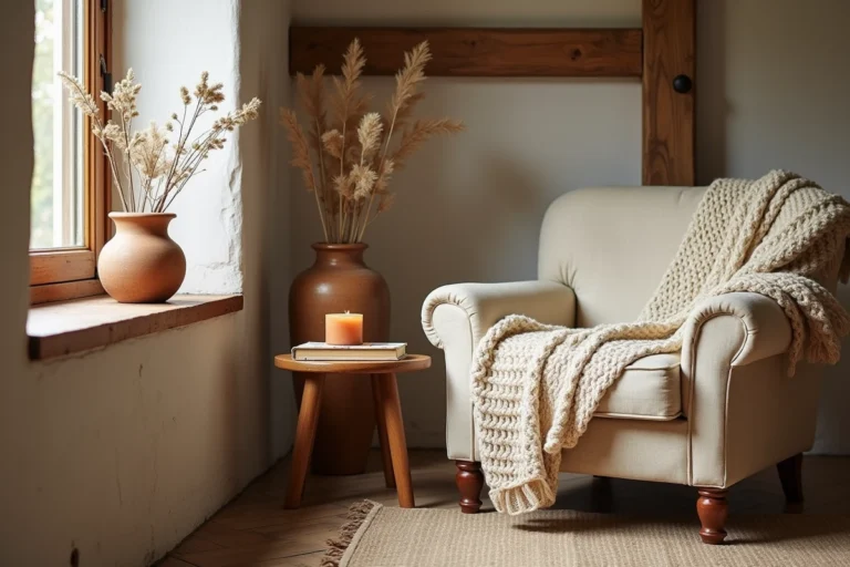 Coin salon chaleureux avec décoration artisanale authentique, vase céramique fait main, plaid en laine tricotée et bougie en cire d'abeille sur table en chêne patiné