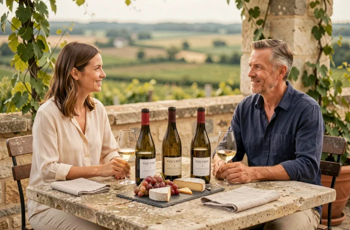 Dégustation de vins de Vouvray en terrasse avec fromages locaux et vue sur les vignes de la vallée de la Loire