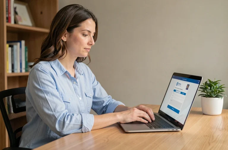 Femme complétant une demande de visa électronique en ligne sur un ordinateur portable dans un bureau à domicile