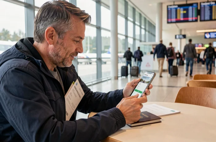 Homme soumettant une demande de visa électronique via smartphone dans un aéroport international