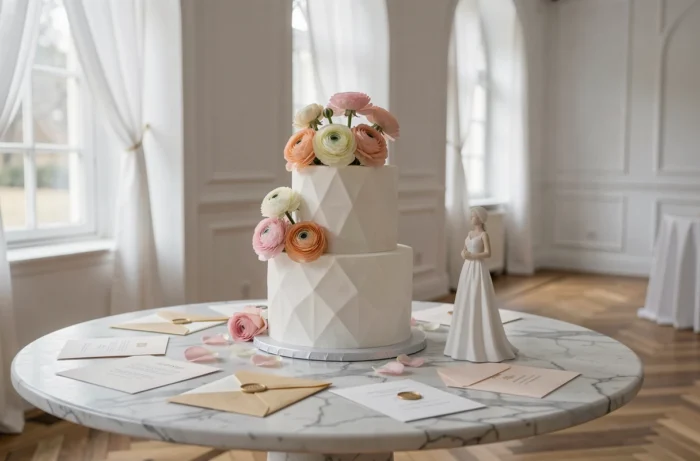 Détail d'une table de mariage avec gâteau sculpture blanc et décorations florales minimalistes, tendances nuptiales actuelles