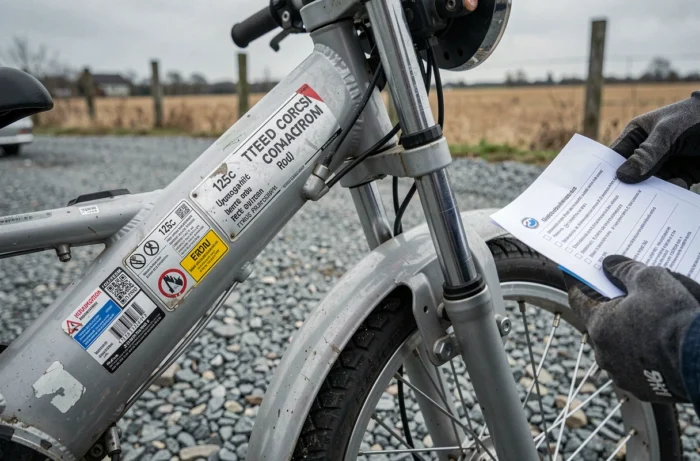 Gros plan sur la plaque d'homologation et les autocollants réglementaires d'une 125 cross sur un parking en gravier