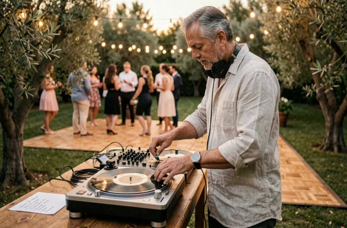 DJ masculin derrière une platine vinyle lors d'une fête de jardin en soirée animant une piste de danse pour le Madison