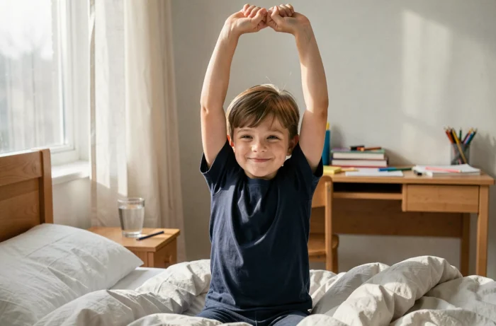 Enfant qui se réveille en s'étirant dans son lit le matin avec un sourire reposé, soulignant les bénéfices d'un sommeil de qualité sur le bien-être des enfants
