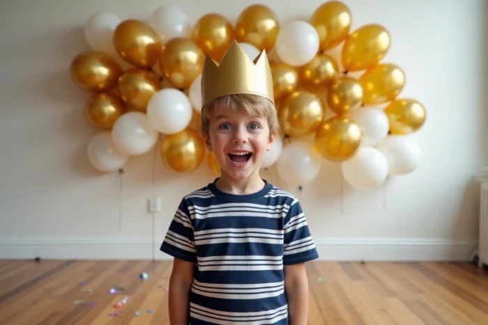 Jeune garçon avec couronne en papier devant un mur de ballons dorés et blancs pour son anniversaire