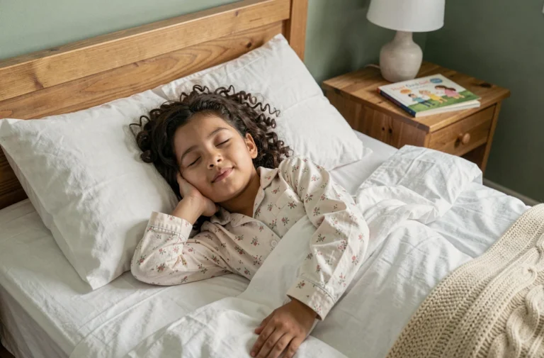 Jeune fille endormie paisiblement dans son lit avec des draps blancs froissés, illustrant l'importance du sommeil de qualité pour les enfants