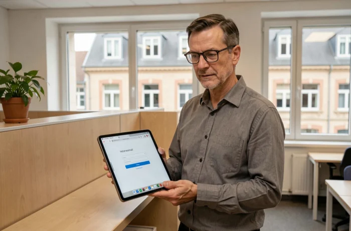 Enseignant consultant le webmail de l'académie de Nantes sur une tablette dans un bureau administratif scolaire