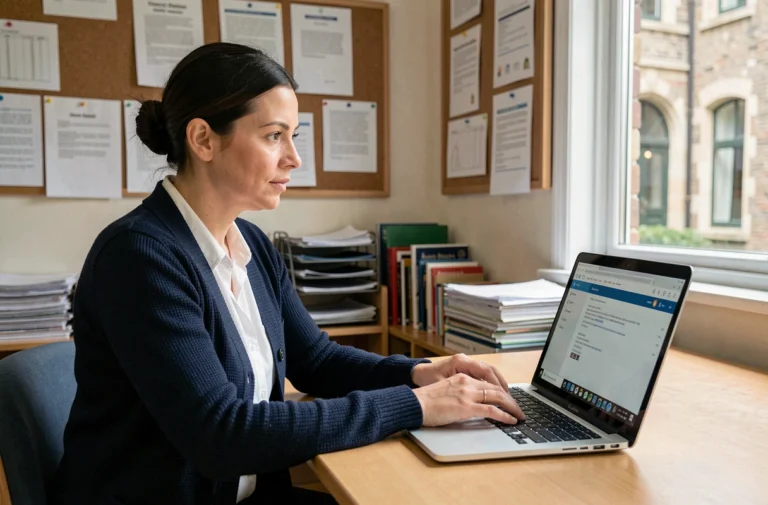 Enseignante accédant au webmail académique sur un ordinateur portable dans une salle des professeurs