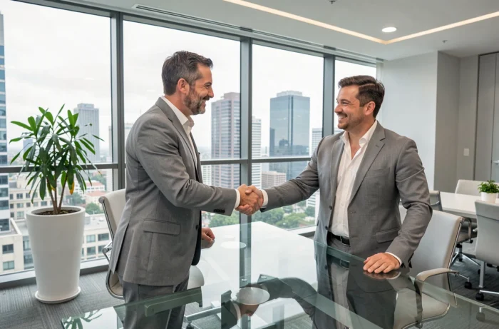 Homme en entretien d'embauche serrant la main d'un recruteur dans un bureau d'entreprise moderne