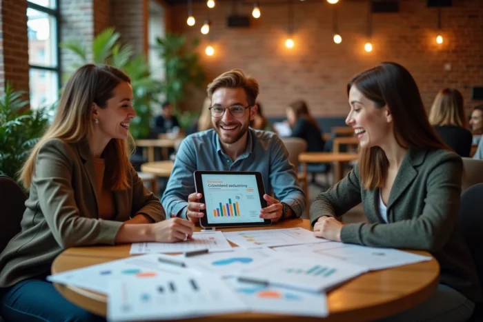 Équipe de professionnels collaborant sur une stratégie de contenu et de présence web dans un espace de co-working créatif