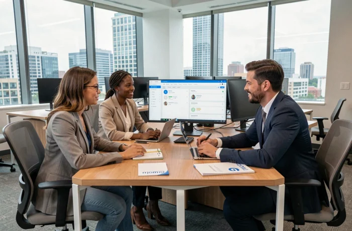 Équipe dédiée à l'écoute et à l'accompagnement collaborant autour d'un poste de travail partagé dans un bureau moderne et lumineux