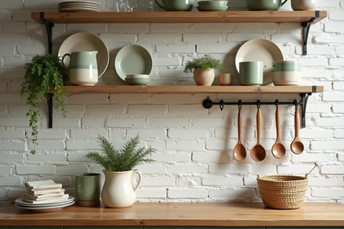 Étagère cuisine en bois avec vaisselle artisanale, cruche en grès, panier en rotin et cuillères en bois tournées, style maison authentique et chaleureuse