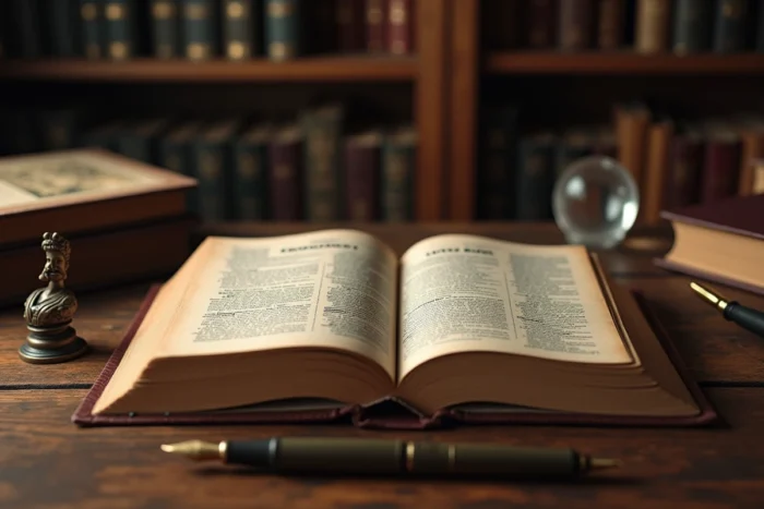 Dictionnaire ouvert sur l'étymologie latine du prénom César posé sur un bureau en bois avec une plume et un buste romain