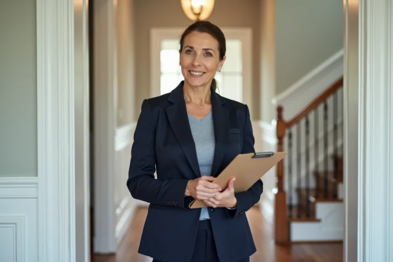 Agente immobilière professionnelle évaluant l'intérieur d'une maison avec un clipboard dans un couloir soigné