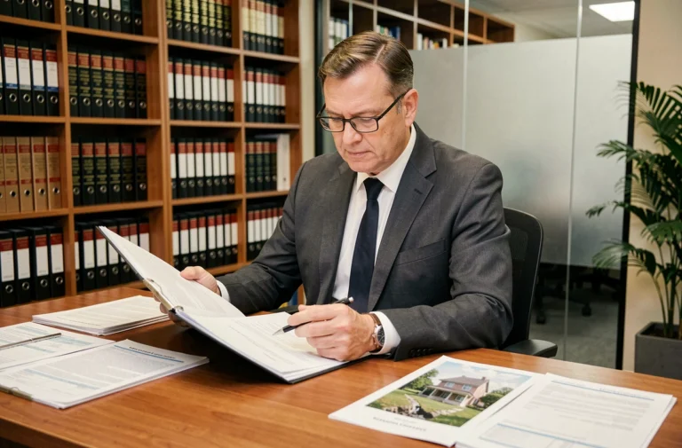 Expert en sinistres examinant des documents d'assurance dans son bureau professionnel
