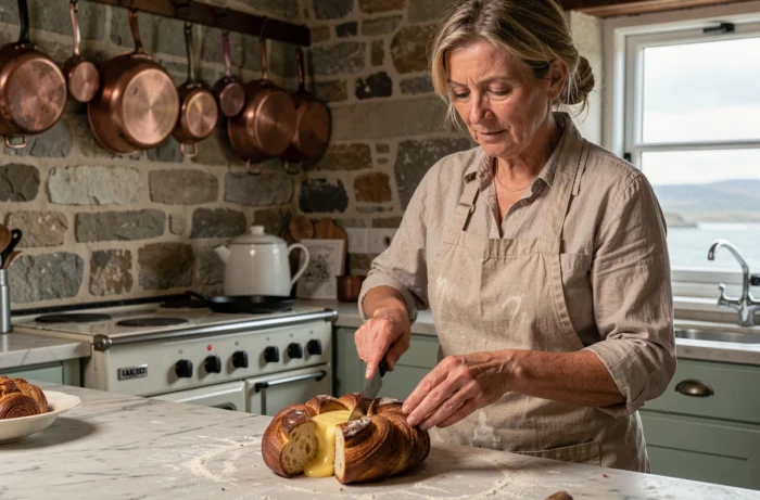 Femme bretonne tranchant un far breton maison dans une cuisine rustique avec murs en pierre et décoration traditionnelle