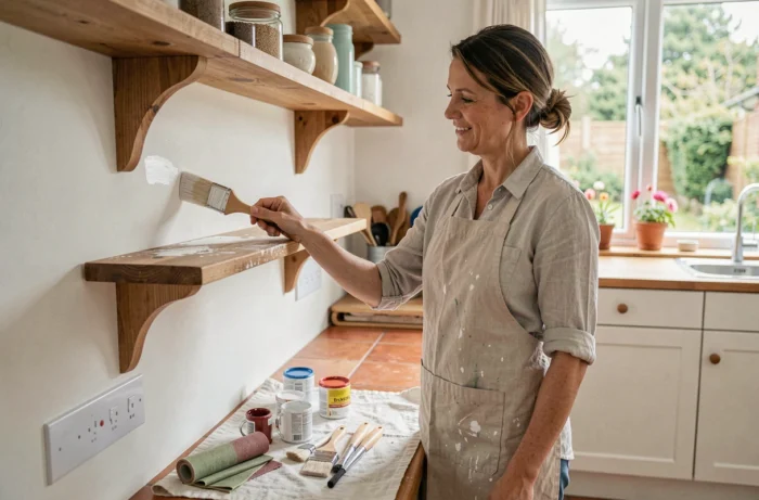 Femme qui repeint une étagère en bois dans une cuisine lumineuse, conseils bricolage et aménagement intérieur