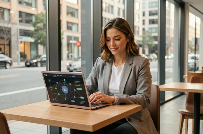 Femme travaillant sur un ordinateur portable dans un café moderne avec des schémas de réseau 5G à l'écran