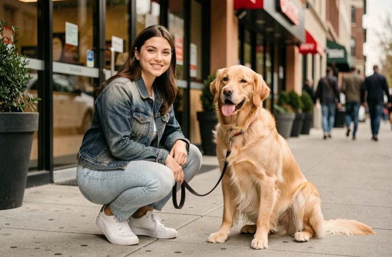 Femme avec son chien golden retriever devant l'entrée d'un Burger King en ville