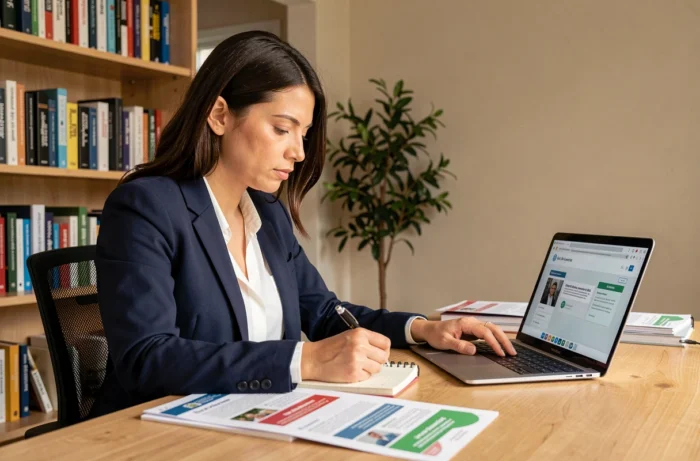 Femme professionnelle comparant des formations sur ordinateur et brochures pour booster sa carrière