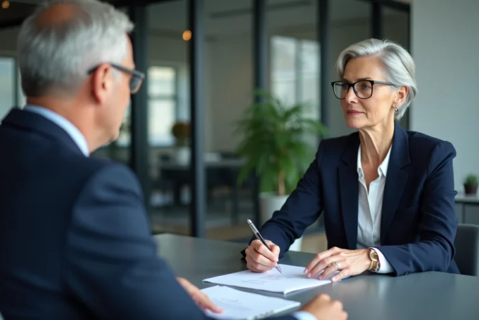 Femme cadre en consultation avec un conseiller financier pour préparer sa retraite dans un bureau professionnel moderne
