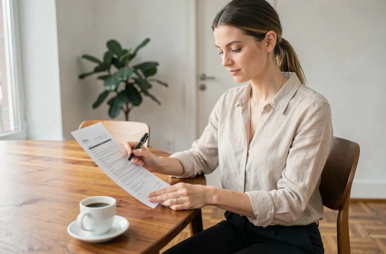 Femme examinant un contrat de location immobilière dans un appartement moderne et bien aménagé