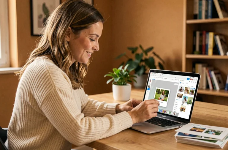 Femme créant une carte postale personnalisée en ligne sur son ordinateur portable dans un bureau à domicile chaleureux