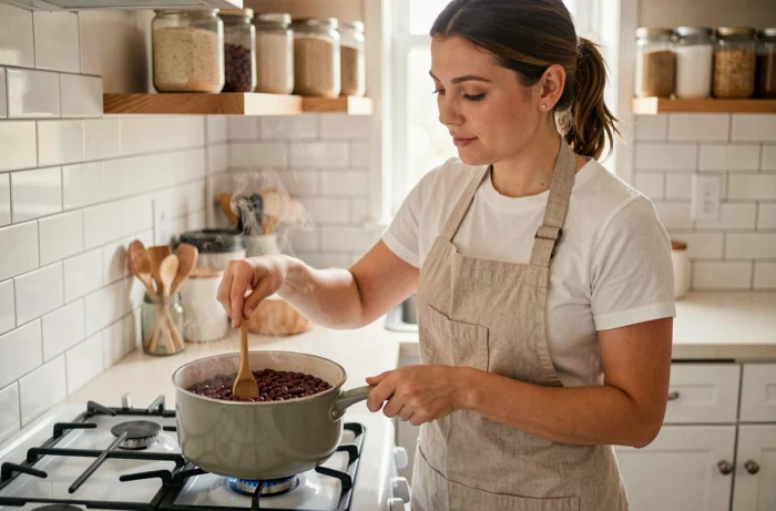 Femme préparant une recette de haricots rouges et riz dans une cuisine domestique avec une atmosphère chaleureuse et naturelle