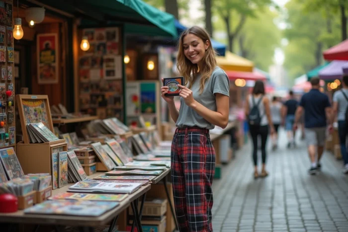 Jeune femme geek chineuse dans un marché aux puces vintage, découverte de jeux vidéo rétro et objets pop-culture décalés