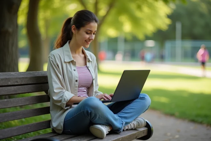 Femme parcourant un guide sportif complet sur son ordinateur portable dans un parc verdoyant en extérieur