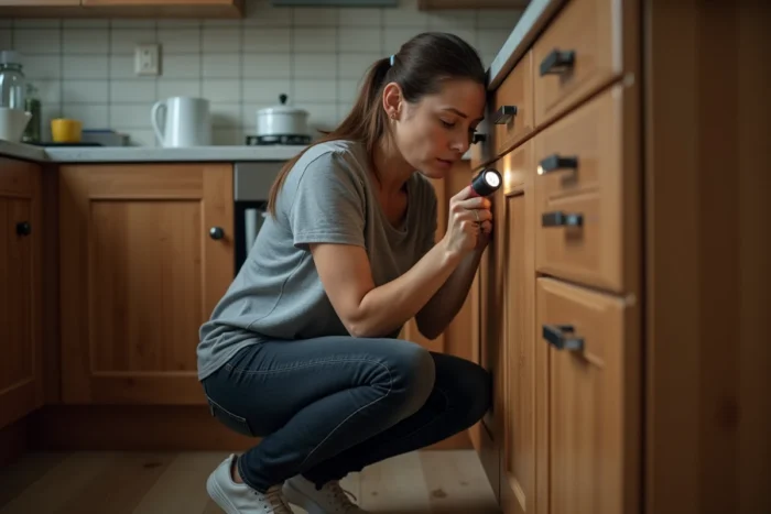 Femme inspectant un placard de cuisine à la recherche d'insectes nuisibles comme les cloportes ou poissons d'argent