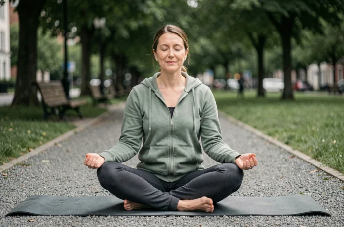 Femme pratiquant la méditation en plein air dans un parc urbain pour améliorer son bien-être au quotidien