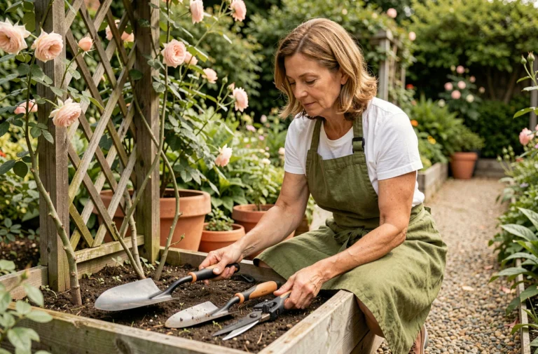 Femme jardiniére choisissant ses outils de jardin ergonomiques dans un jardin fleuri
