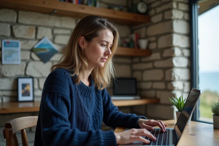 Femme bretonne consultant une page dédiée du Portail Breton sur son ordinateur portable dans un bureau en pierre