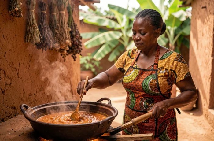 Femme africaine préparant la sauce yopie dans une cuisine traditionnelle en plein air avec pot en argile